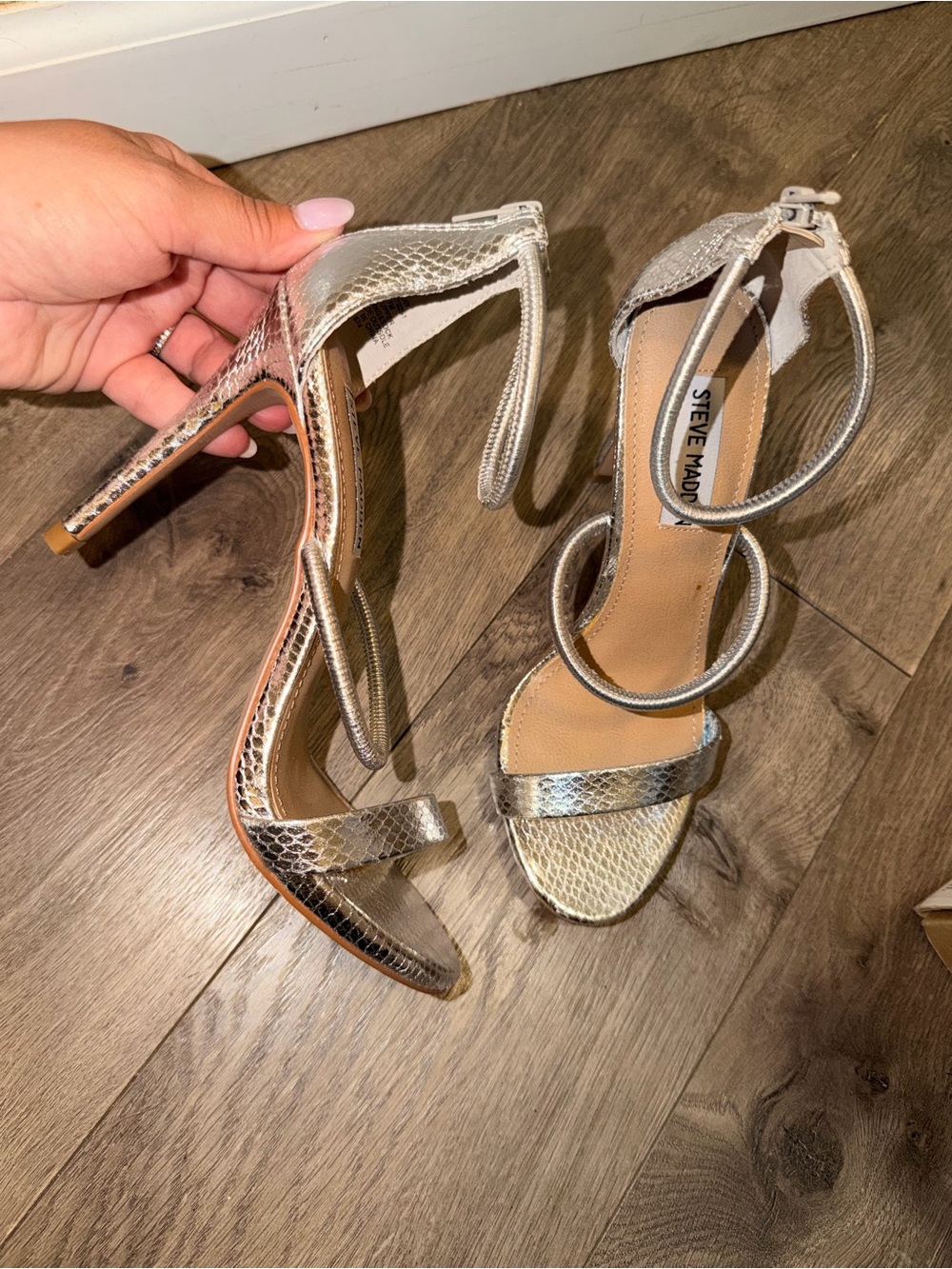 Steve Madden Metallic Silver Snake-Embossed Strappy Heels
